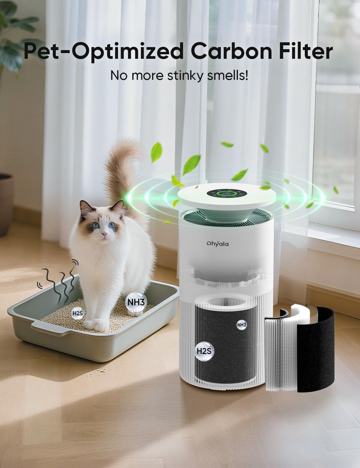 Dhyala Air Purifier for Home Large Room up to 3620Ft², H13 True HEPA Air Purifiers for Home Pet Hair Dander Odor Pollen, Air Cleaner with Smart WiFi, 360° Air Intake, Auto Mode, Pet Lock, 22dB Quiet
