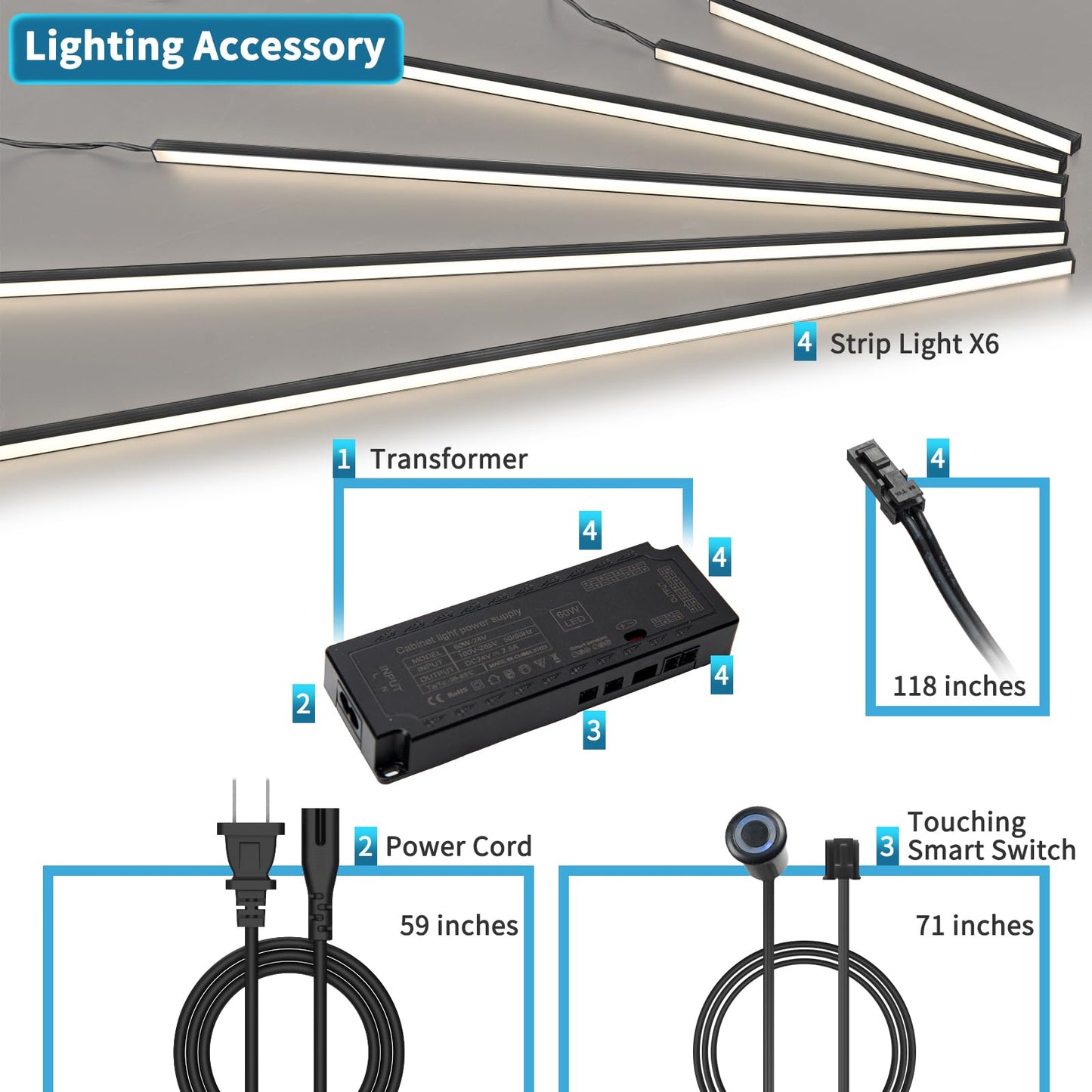 Art3D Led Recessed Lighting Kit - 6Pcs Self-Adhesive White Led Light With Smart Switch  3000K Touching Switch Light For Wood Slat Wall Panels  Headboards  Stairs  Under Cabinet  Home Decor