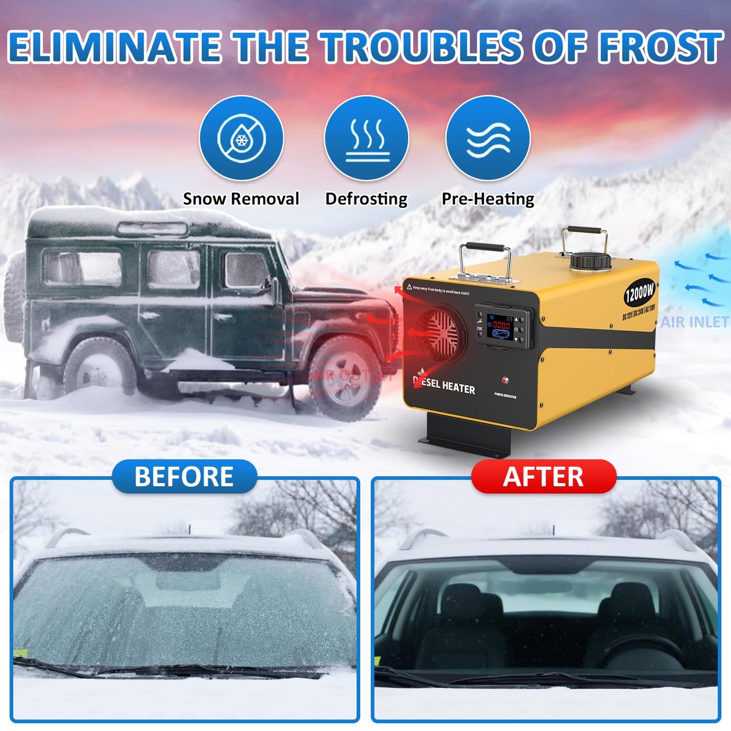 12000W Diesel Heater, 110V/24V/12V Ultra Parking Heater with Remote Control and LCD Display, 2025 Upgraded All-in-One Instant Heat Low Noise for RV Truck Boat Bus Home Shop(NO Ticking)