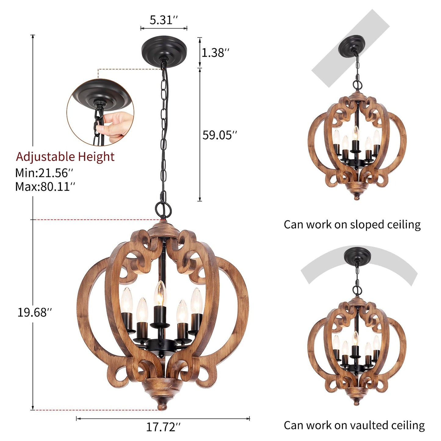 17.72 Farmhouse Wood Chandelier  5-Light Rustic Dining Room Light Fixture  Farmhouse Hanging Pendant Lighting  Vintage Orb Chandeliers For Kitchen Island Foyer Living Room Bedroom