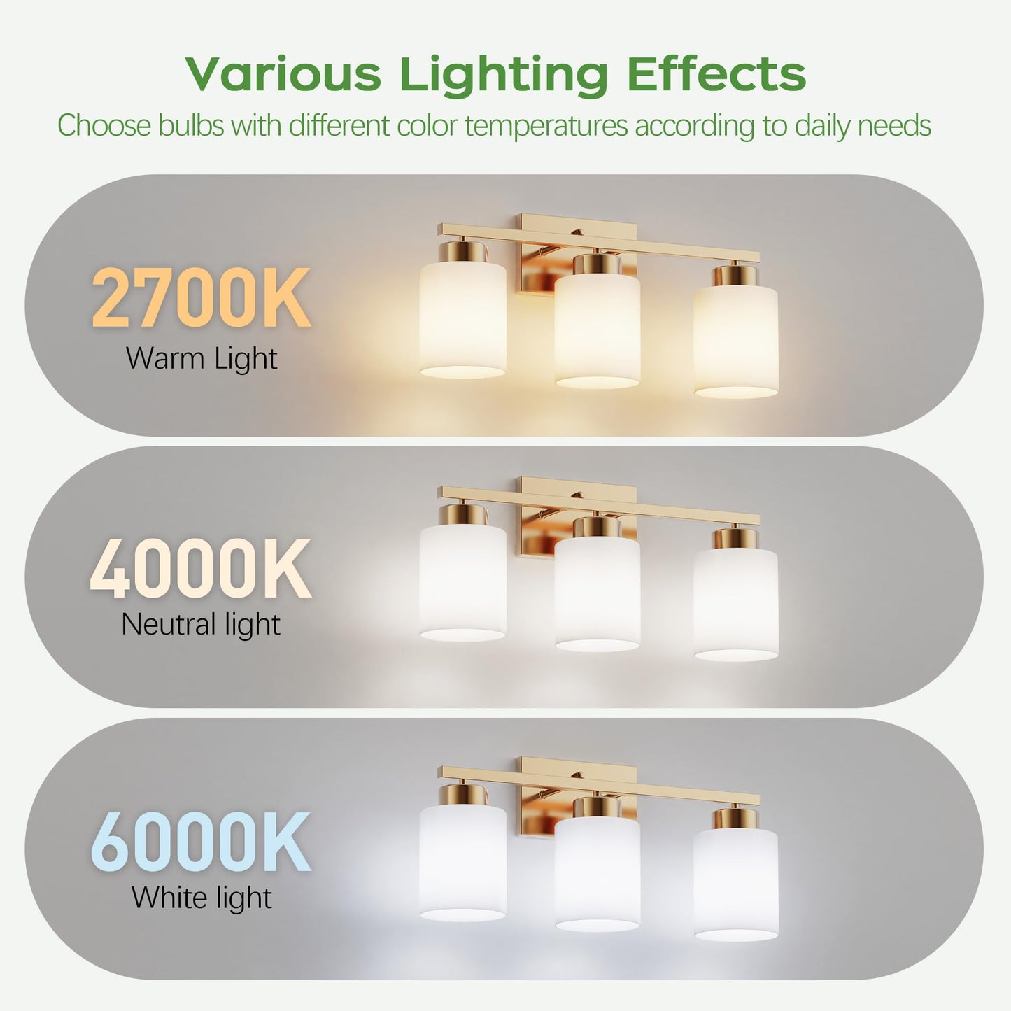 Partphoner 3-Light Brushed Gold Bathroom Light Fixtures  Modern Vanity Light Over Mirror Lighting  Wall Sconce With Frosted Milky White Glass Shades For Bedroom Living Room Kitchen Hallway