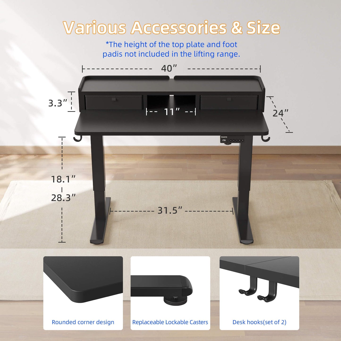 YIHAYO Low Height Adjustable Desk with Drawers, Lifts 18.1-28.3 Inches, Electric Standing Desk with Storage Shelf for Short People, 40 x 24 Inches Table with Splice Board for Home Office, Black