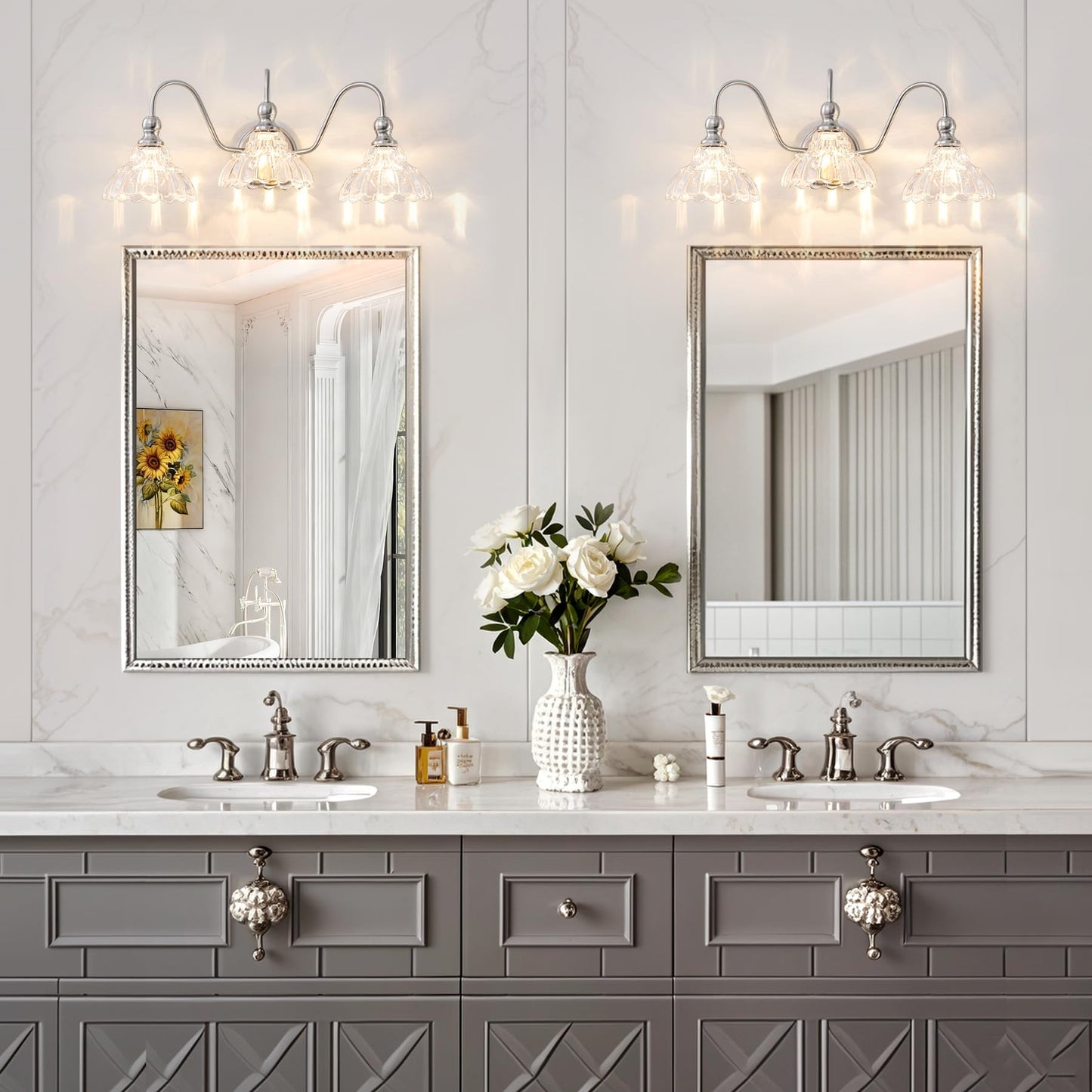 Brknit Vintage Bathroom Light Fixtures Over Mirror  3-Light Brushed Nickel Wall Sconce Lighting With Flower Glass Shade  Farmhouse Vanity Lights For Bedroom Kitchen Living Room Hallway Light