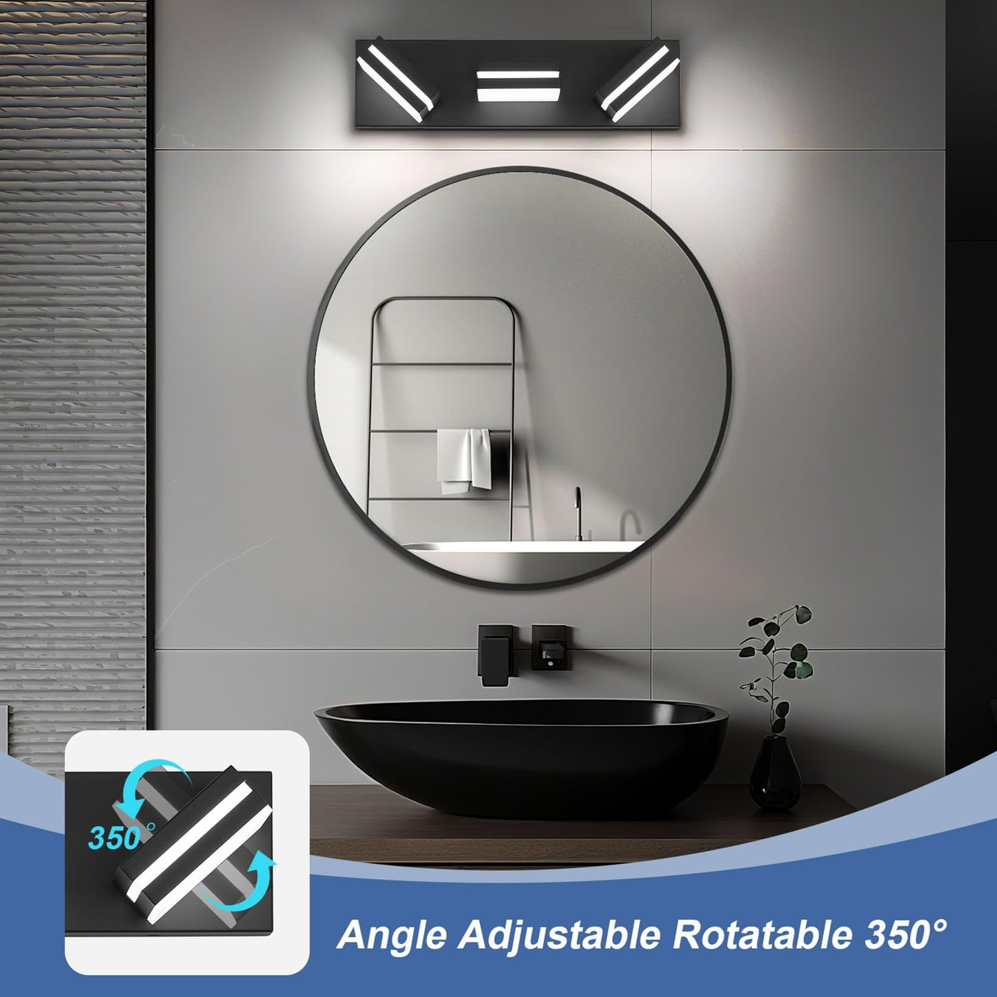Jzekvn Modern Led Bathroom Lights Fixtures(3-Light) Metal Black Acrylic Wall Lighting Vanity Lights For Bathroom Over Mirror(6000K 16In