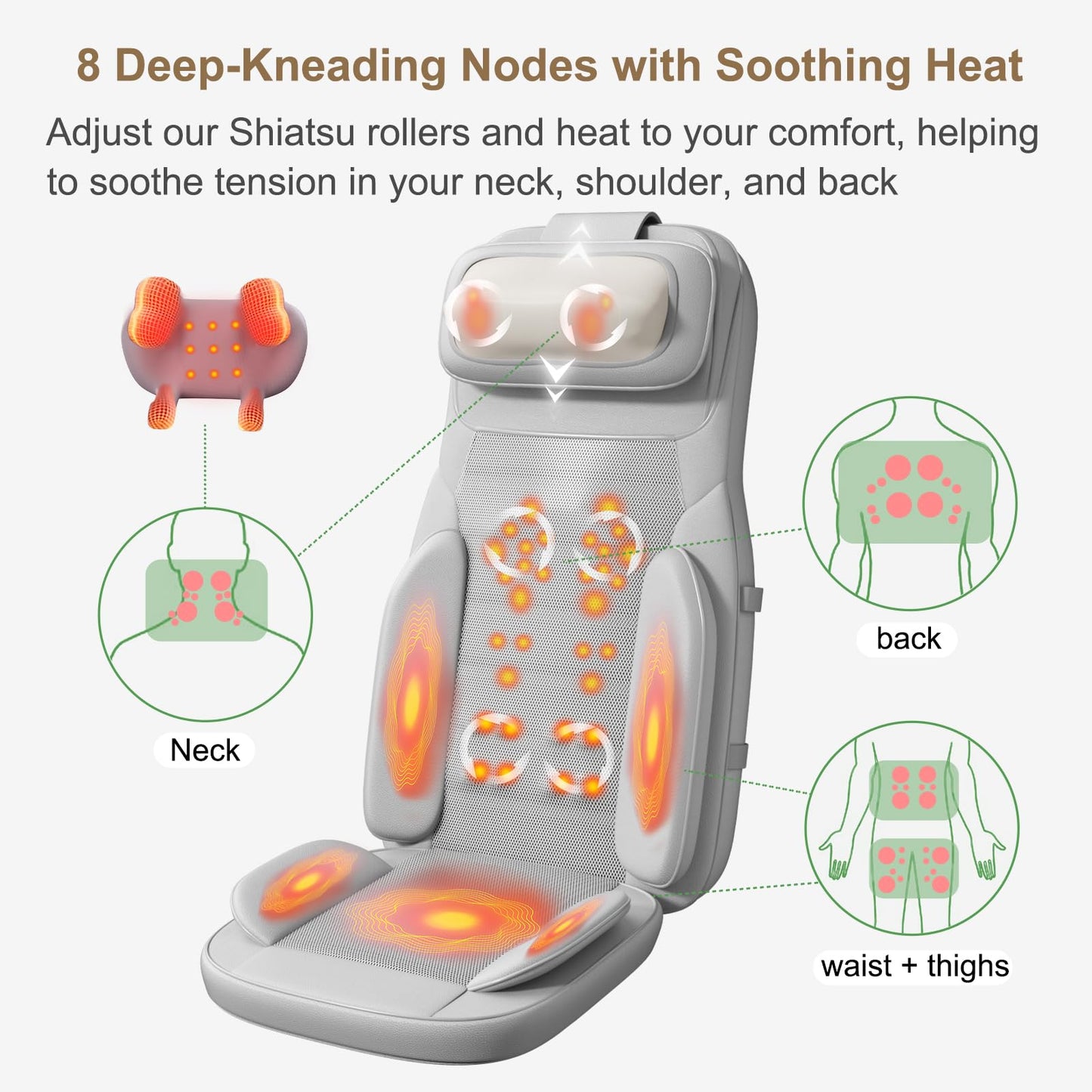Rainwolf Shiatsu Neck and Back Massage Cushion with Heat - 4D Deep Tissue Kneading Full-Back Massager for Relief Stress, Adjustable Intensity & Height, for Office Chair & Home