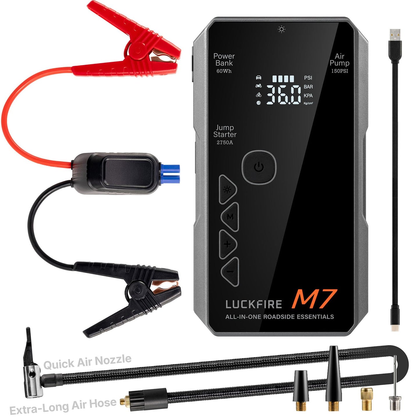 LUCKFIRE M7 SmartIgnition Jump Starter with Air Compressor, TÜV Certified 12V Car Battery Booster Pack, Portable Tire Inflator, Jump Box, 60Wh Power Bank, for 10L Gas and 8.5L Diesel