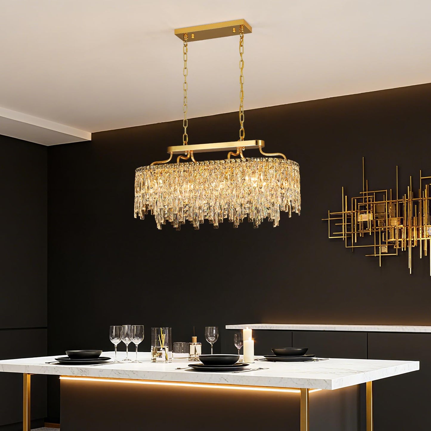 Nisidun Gold Crystal Chandelier | Modern stylish Oval-Shaped Chandeliers For Dining Room Light Fixture  32 10-Light Crystal Ceiling Lighting Fixture For Dining Room Kitchen Island Bar