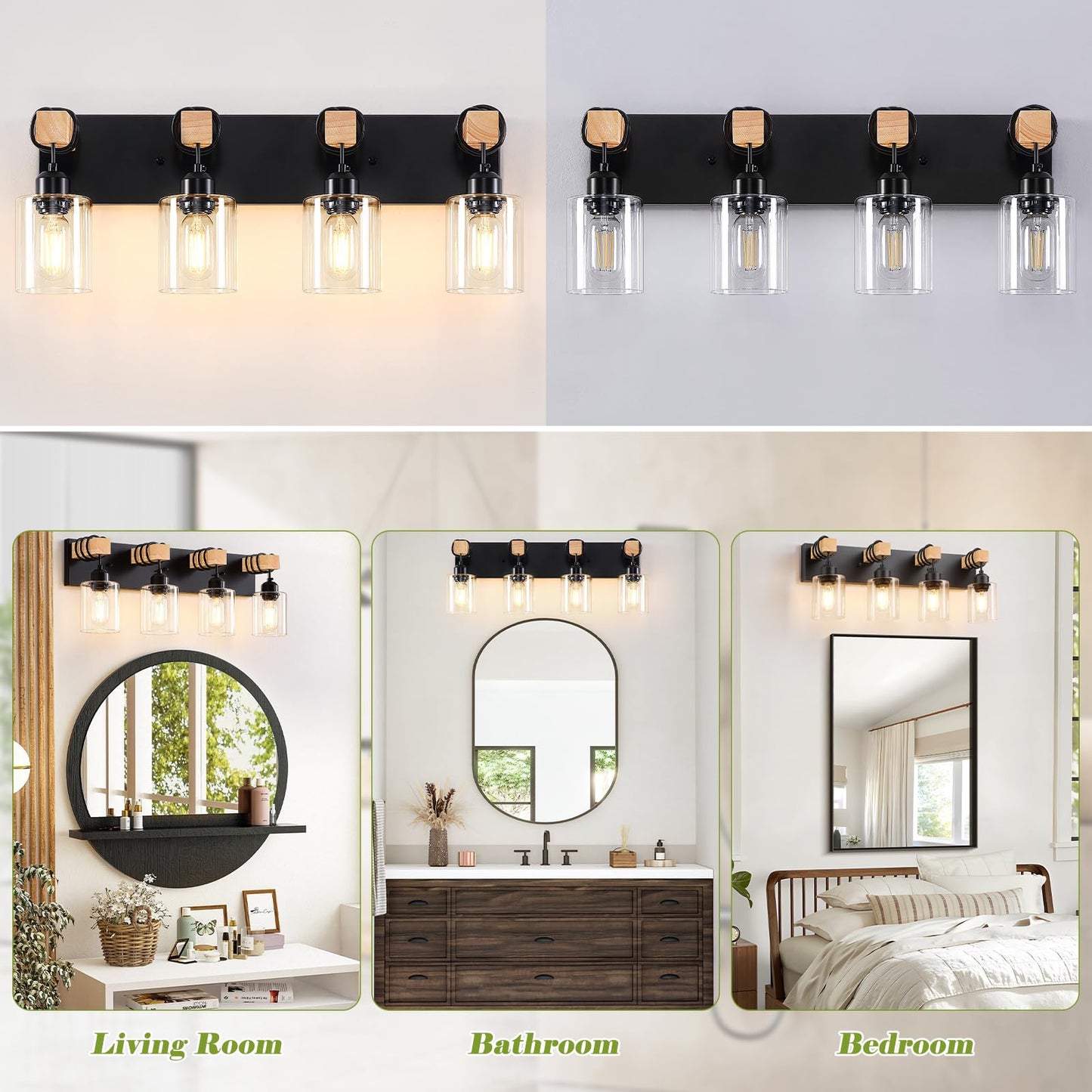 Licperron 4-Lights Farmhouse Vanity Lights For Bathroom  Matte Black Bathroom Light Fixtures With Clear Glass Shade  Rustic Wood Wall Lighting Fixtures Over Mirror For Bedroom  Living Room  Hallway