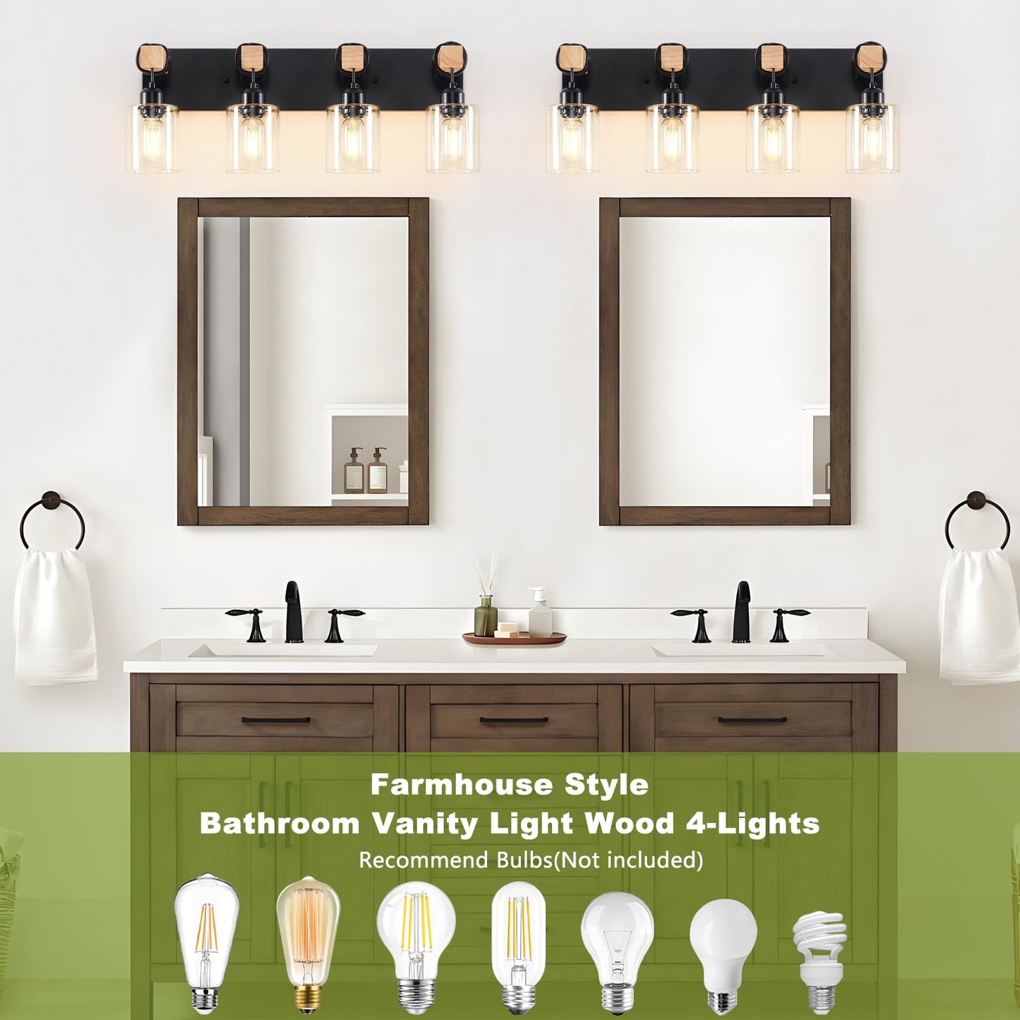 Licperron 4-Lights Farmhouse Vanity Lights For Bathroom  Matte Black Bathroom Light Fixtures With Clear Glass Shade  Rustic Wood Wall Lighting Fixtures Over Mirror For Bedroom  Living Room  Hallway
