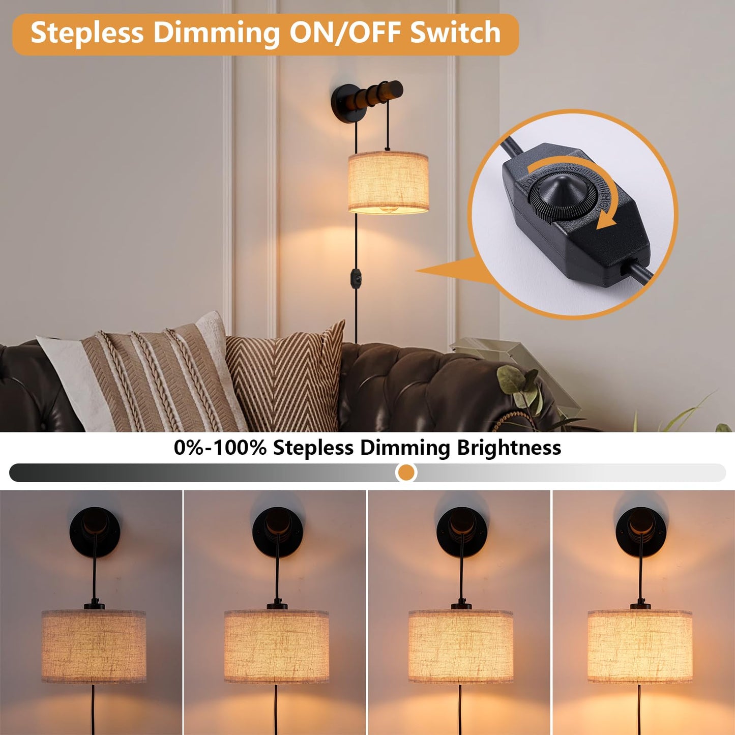 Xsdetu Plug In Wall Sconces Set Of 2  Farmhouse Wall Lamp With 5.9Ft Plug In Cord  Dimmable Hanging Wall Lighting With Fabric Shade  Adjustable Wall Mount Lights For Bedroom Living Room  Wooden Arm