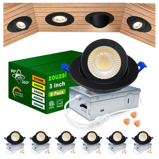 Zouzai 3 Inch 5Cct Gimbal Black Led Recessed Lighting With Junction Box  2700K/3000K/3500K/4000K/5000K  7W Eqv 80W  360+90 Adjustable Led Recessed Lights  798Lm Brightness - Etl (Black  6 Pack)