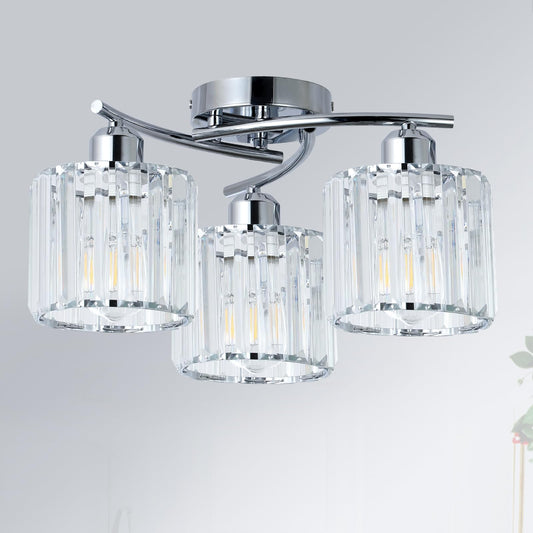 Crystal Close To Ceiling Light Fixtures 3-Light Chrome Modern Semi Flush Mount Ceiling Light Kitchen Light Fixture With Clear Crystal Shades Hallway Lighting Fixture For Entryway Bedroom Bathroom