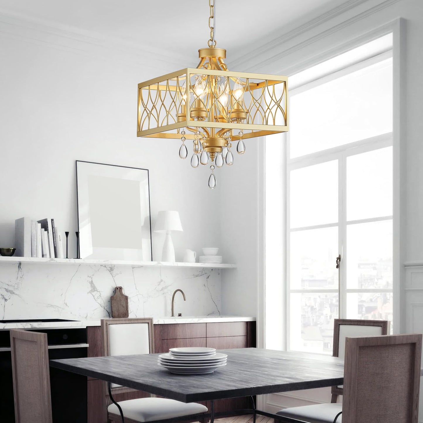 Farmhouse Crystal Chandelier Gold Modern K9 Crystal Ceiling Chandelier Lighting Fixture  Hanging Pendant Light Fixture  Kitchen Island Lighting For Dining Room Living Room Entryway Bedroom Hallway
