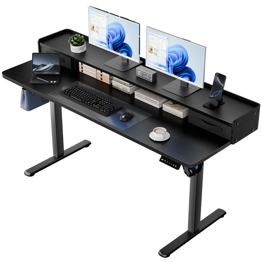 YESHOMY 63" x 23" Electric Standing Desk with 2 Drawers, Height Adjustable Computer Desk, Low Noise Home Office Stand Up Desk with 2 Preset Heights & 2 Hooks, Black