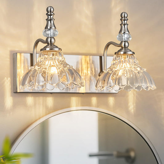 Lbsqj Vintage Bathroom Vanity Light  2-Light Brushed Nickel Vanity Lighting Fixture With Flower Glass Shade  Bathroom Lighting Fixtures Over Mirror