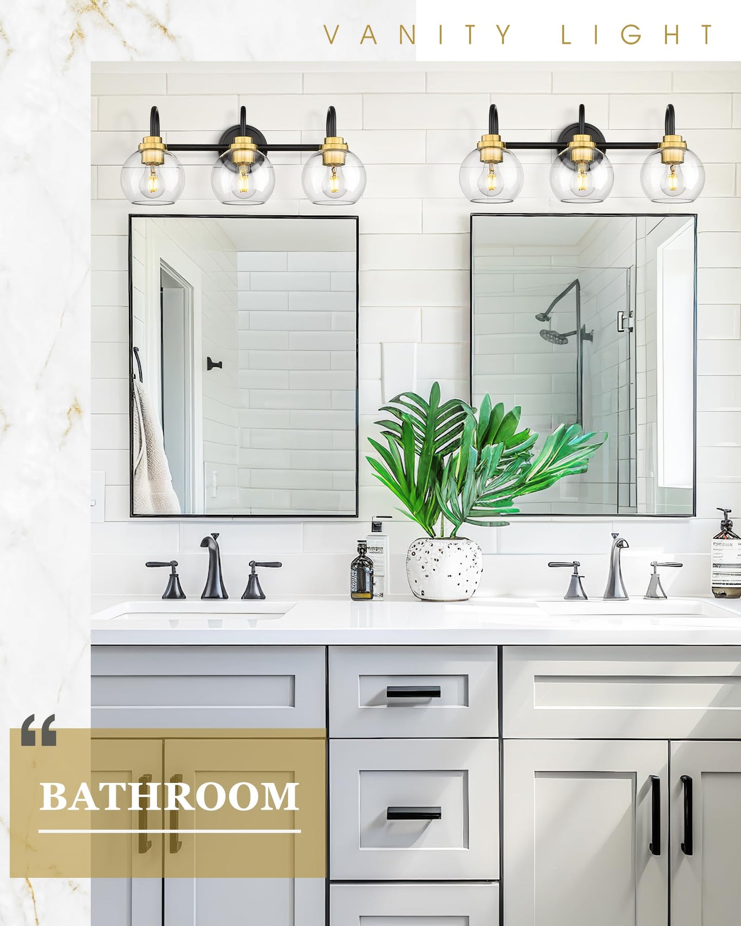 Audickic Bathroom Light Fixtures  3-Light Black And Gold Vanity Lights With Globe Clear Glass  Modern Vanity Lighting Fixtures Over Mirror  Ad-22280-3W-Kg
