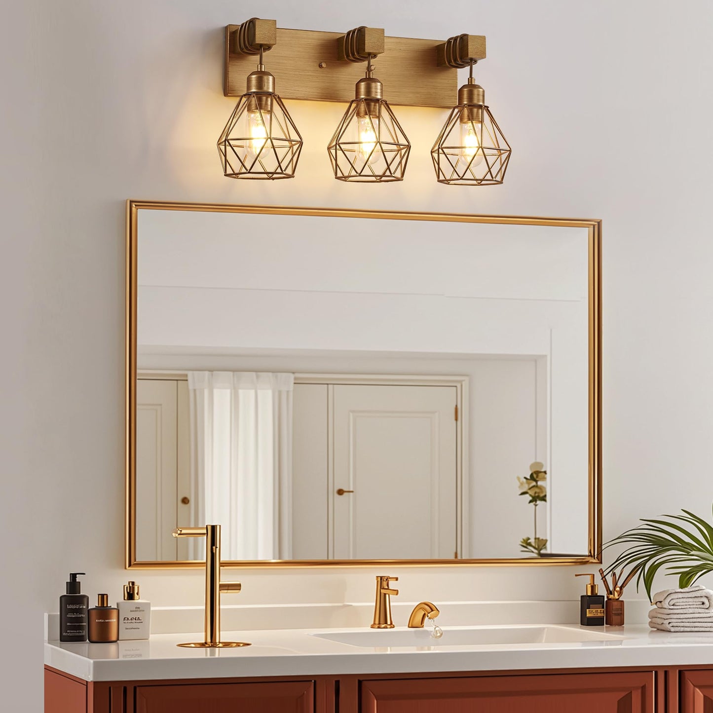 Gold Bathroom Vanity Light Fixtures  3-Light Gold Bathroom Light Fixtures Over Mirror  Sconces Wall Lighting With Elegant Metal Lampshade For Living Room  Bedroom  Hallway