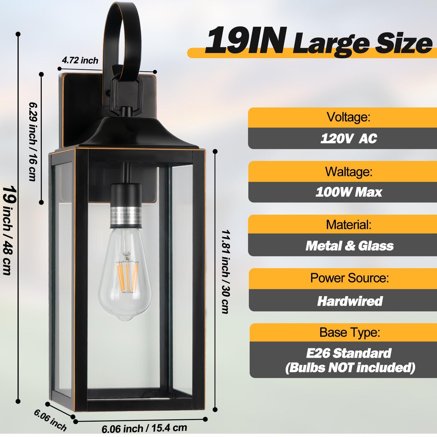 Yolsunes 19 Large Outdoor Wall Lights 2 Pack  Black Exterior Light Fixtures  Outdoor Sconces Wall Lighting Porch Lights  Waterproof Wall Lamp For House  Doorway  Garage  Black Metal With Gold Trim