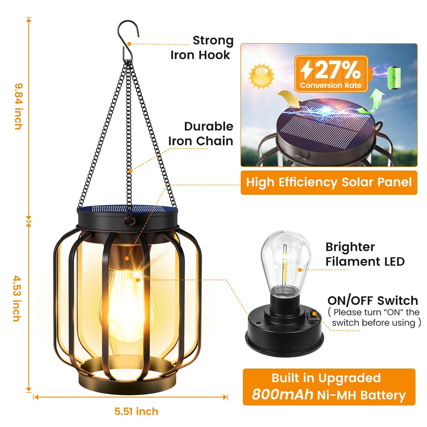 Aounq Solar Lanterns Outdoor Waterproof 4 Pack  14.37 Metal Hanging Solar Lights For Outside With Auto On/Off & Hook - Brighter Hanging Outdoor Lanterns Decorative Lighting For Garden Patio Yard