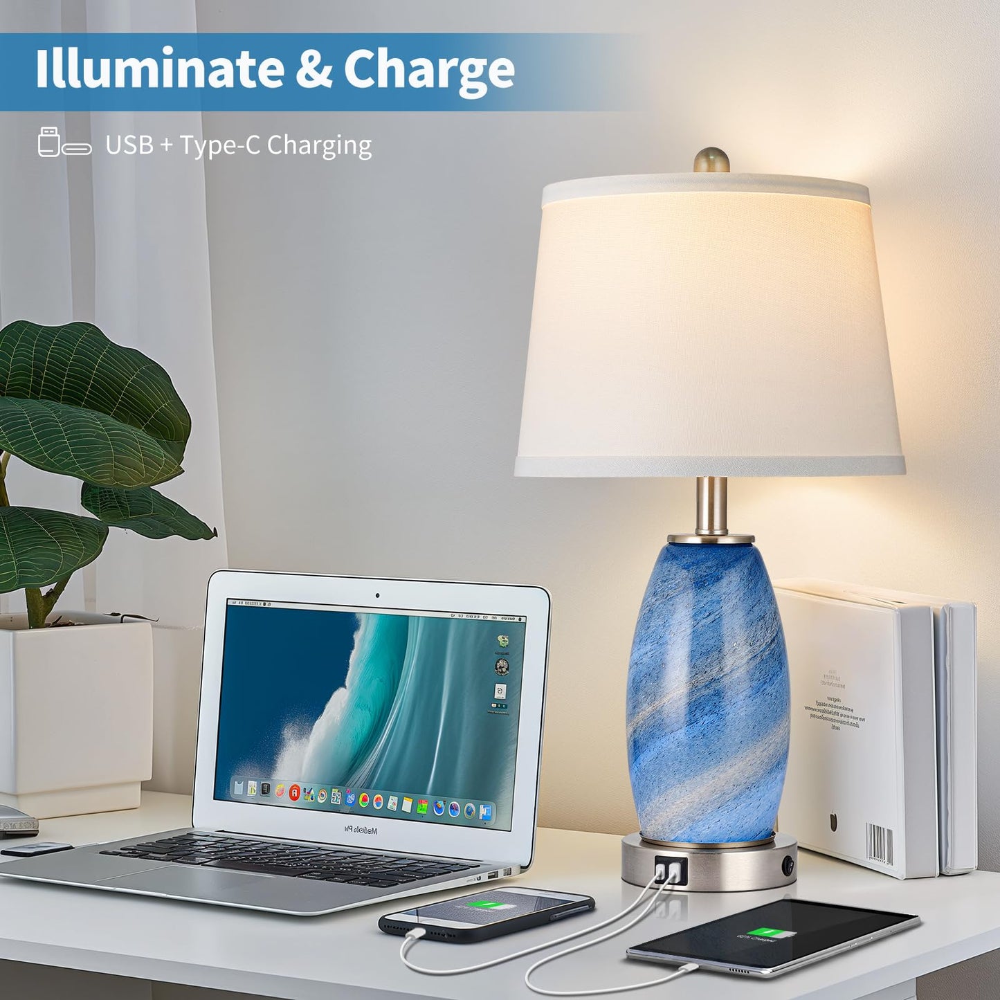Blue Lamp For Bedroom & Bedside With 3-Way Lighting Modes & Usb C+A - Modern Style Glass Nightstand Table Lamp For Living Room & Bedroom Decoration (23.5 H)