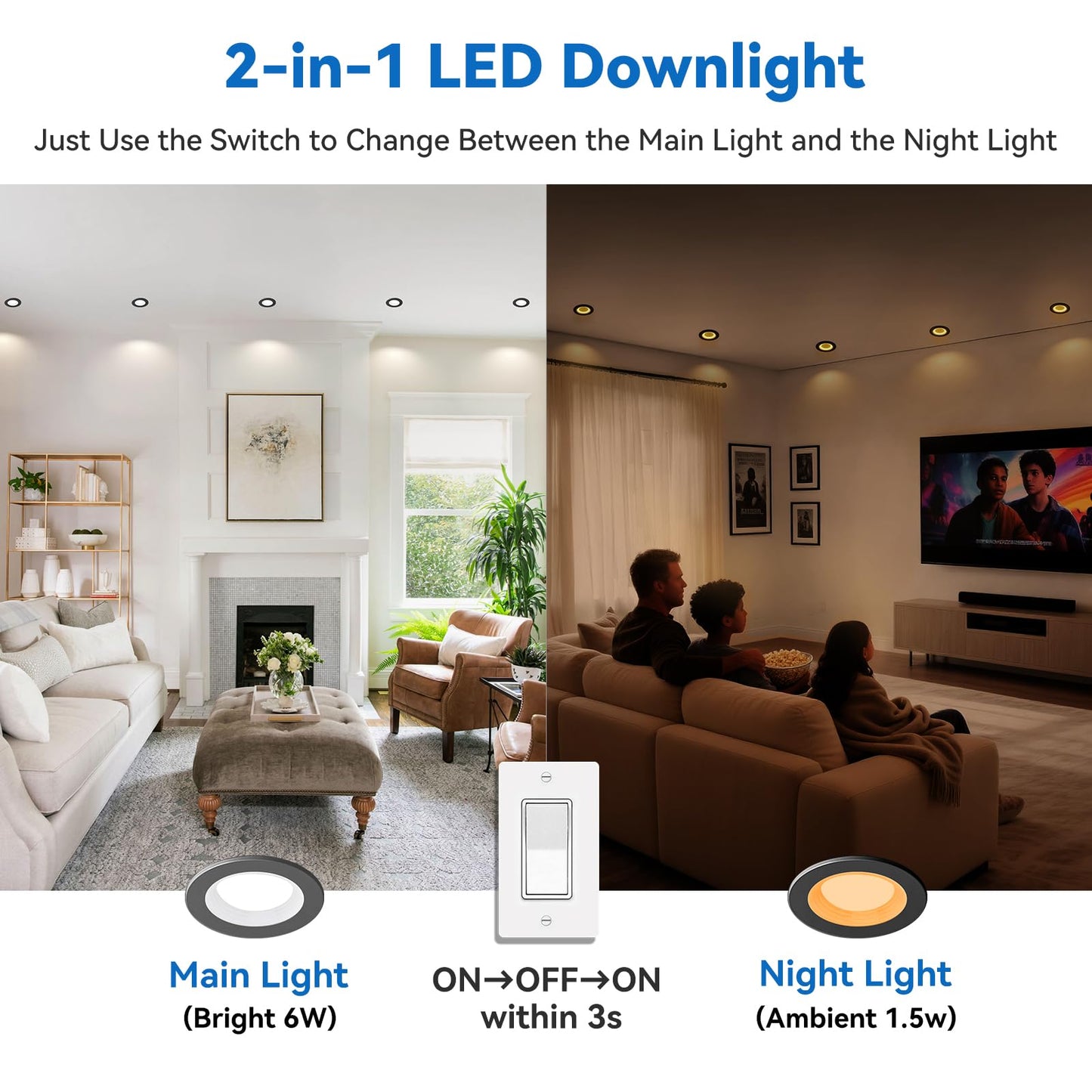 Cycevsun Black 3 Inch Recessed Led Lights  Switchable Night Light & Main Light  5 Color Temperatures 2700K-5000K  Dimmable Canless Downlight For Cozy Home Lighting  6W/2W  Etl  6 Pack