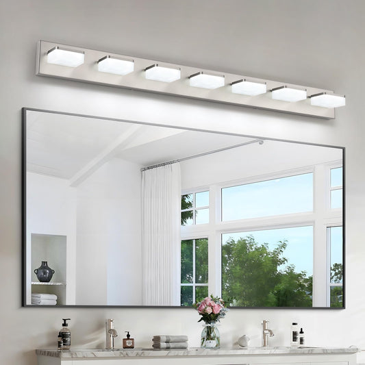 Bicrink 7-Light Bathroom Vanity Light Fixture Over Mirror  Nickel Led Vanity Lighting Fixtures  45.67 Inch Modern Bathroom Wall Light Fixtures With Rotating Lamp Head
