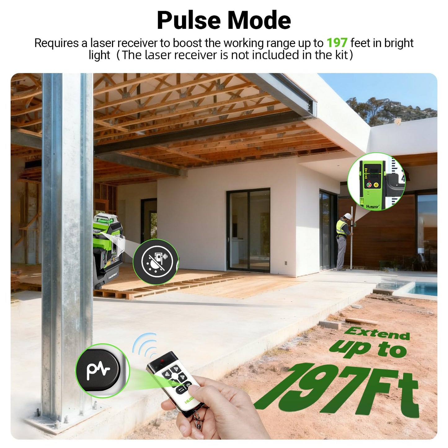 Huepar 360 Laser Level with Electric Pivot Around Point Fine Adjustment Rotating Base, Remote Control, Rechargeable Battery, 1/13" High precision Self Leveling Lazer Leveler, Pluse Mode