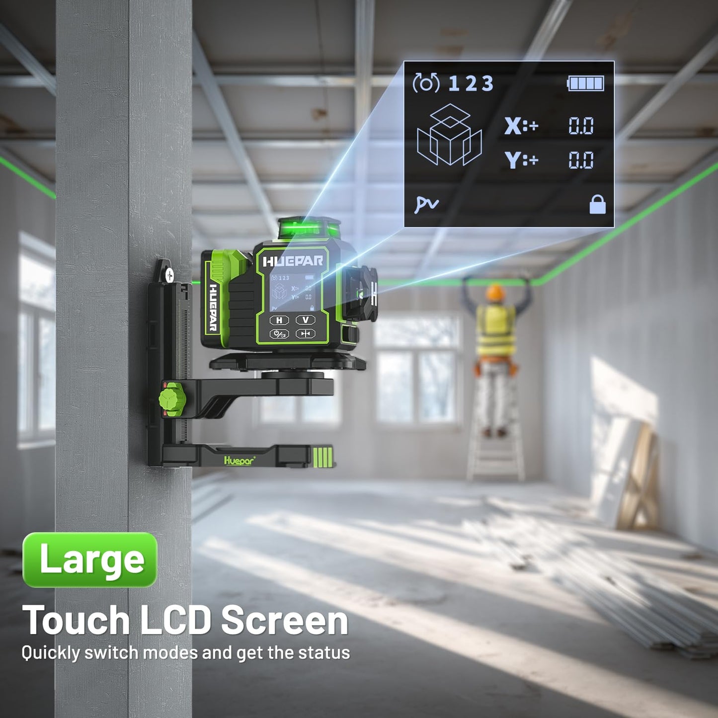 Huepar W03CG Bluetooth Laser Level 3x360 Self Leveling, 3D 12 Lines with Electric Rotating Base＆Large LCD Screen, 3 Planes Green Lazer Leveler Tool for Construction, Ceiling,Tiling, Framing, etc.