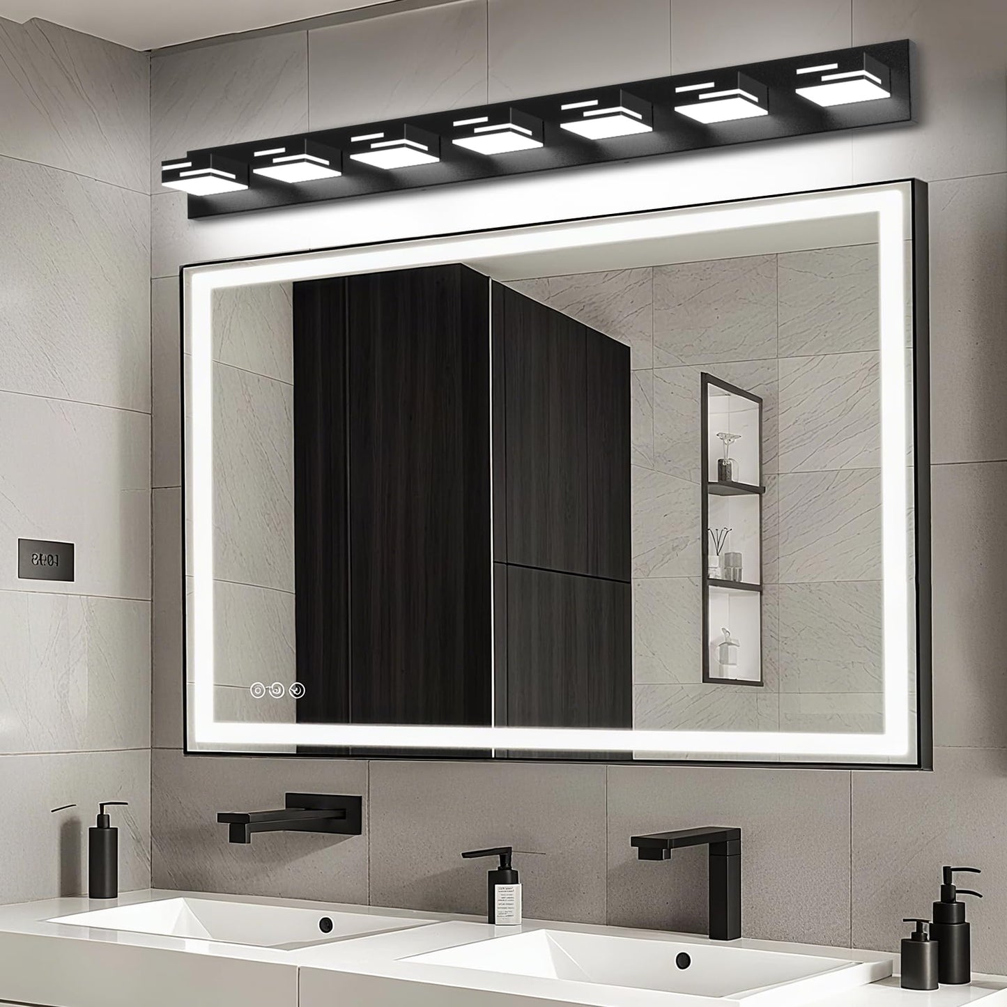 Lkhf Led Modern Bathroom Vanity Light Fixtures  7-Light 48-Inch Dimmable Matte Black Vanity Lights For Bathroom Lighting Fixtures Over Mirror  With 350?Rotatable Acrylic Heads (Cool White 6000K)