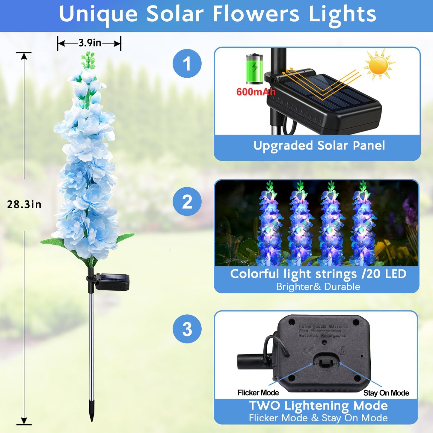 Mrhephaestus Solar Garden Lights  Solar Blue Delphinium Flowers Lights 4 Pack 80 Leds  Waterproof Outdoor Light Two Lighting Modes For Outside Wedding Party Garden Yard Patio Lawn Decor
