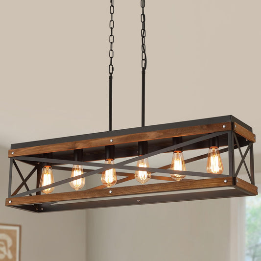 Rustic Farmhouse Wood Kitchen Island Lighting  6 Lights Rectangular Pendant Light Fixture  Adjustable Chain Oak Wood And Metal Linear Chandelier For Dining Room Kitchen Island Farmhouse  Black