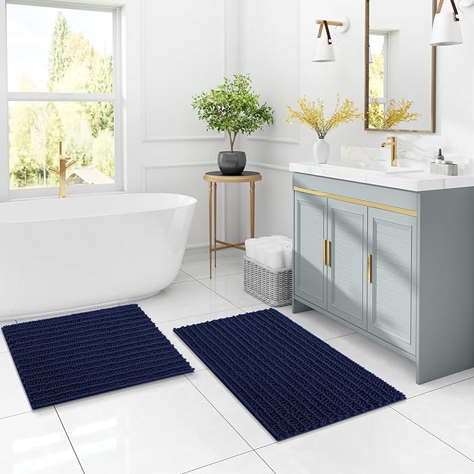 Arotive Luxury Chenille Bathroom Rug Mat, Extra Soft Thick Absorbent Shaggy Bath Rugs, Non-Slip Machine Wash Dry, Plush Bath Mats for Bathroom, Shower and Tub, 47x32, Navy