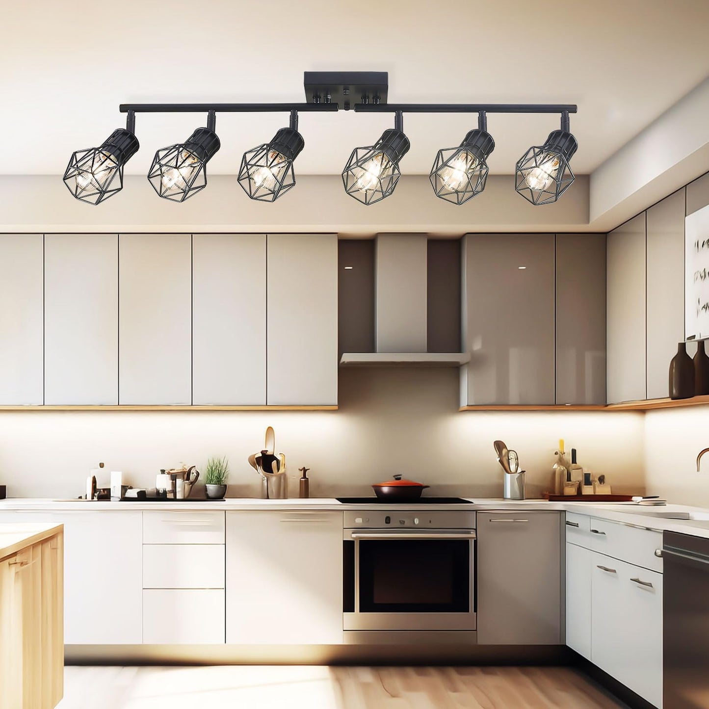 Banganma Black Track Lighting Fixtures Ceiling 6-Light Farmhouse Track Lighting With Metal Cage Design - Kitchen Lights Ceiling Mount For Kitchen  Living Room  Dining Room (E26 Base)
