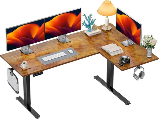 HUANUO 71x48 inch Dual Motor L Shaped Electric Standing Desk with 3 Preset Heights, Electric Height Adjustable Computer Table, 2 Hooks & Cable Tray, Raising Desk for Home Office, Vintage Brown