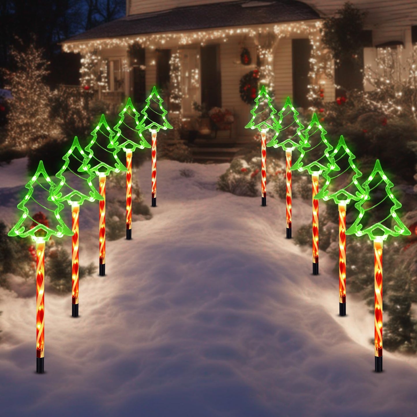 Christmas Solar Pathway Lights Outdoor Decorations  8 Modes Xmas Tree Candy Lights Waterproof Led Garden Stake Light For Walkway Yard Lawn Porch Holiday Decor 10-Pack (Red Tube Tree  10 Pack)