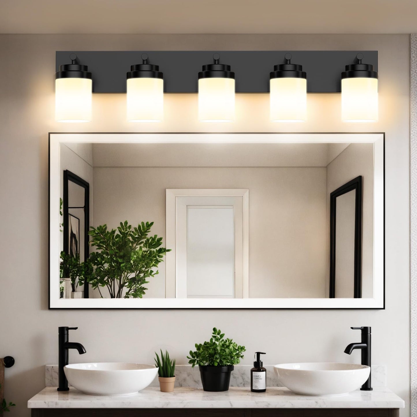 Izorro Bathroom Vanity Light Fixture  5-Light 36 Inch Matte Black Bathroom Light Fixtures Over Mirror  With White Glass Shade  Modern Farmhouse Vanity Lights  Rustic Restroom Lighting Fixtures