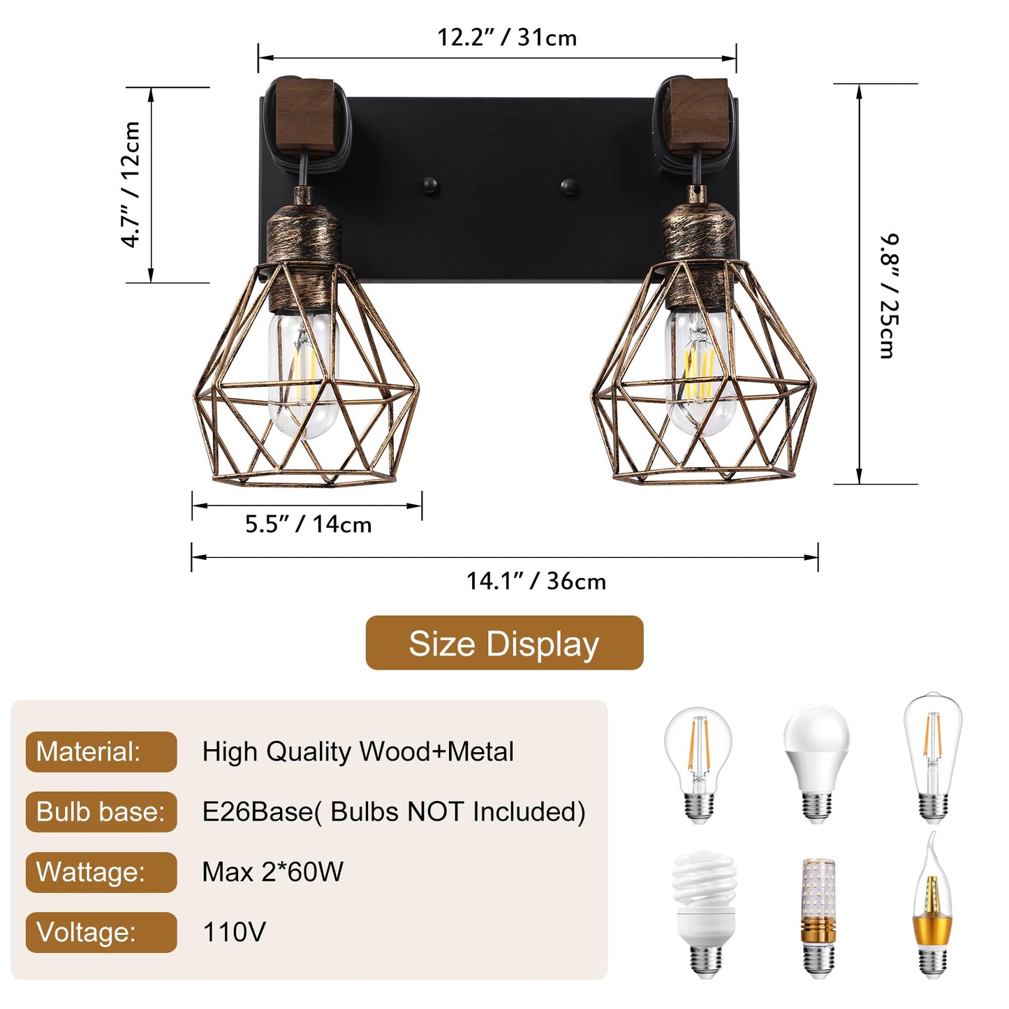 Farmhouse Vanity Light For Bathroom  2-Light Black Gold Wood Bathroom Vanity Light Fixtures Over Mirror  Rustic Sconces Wall Lighting With Metal Lampshade For Living Room  Bedroom  Hallway