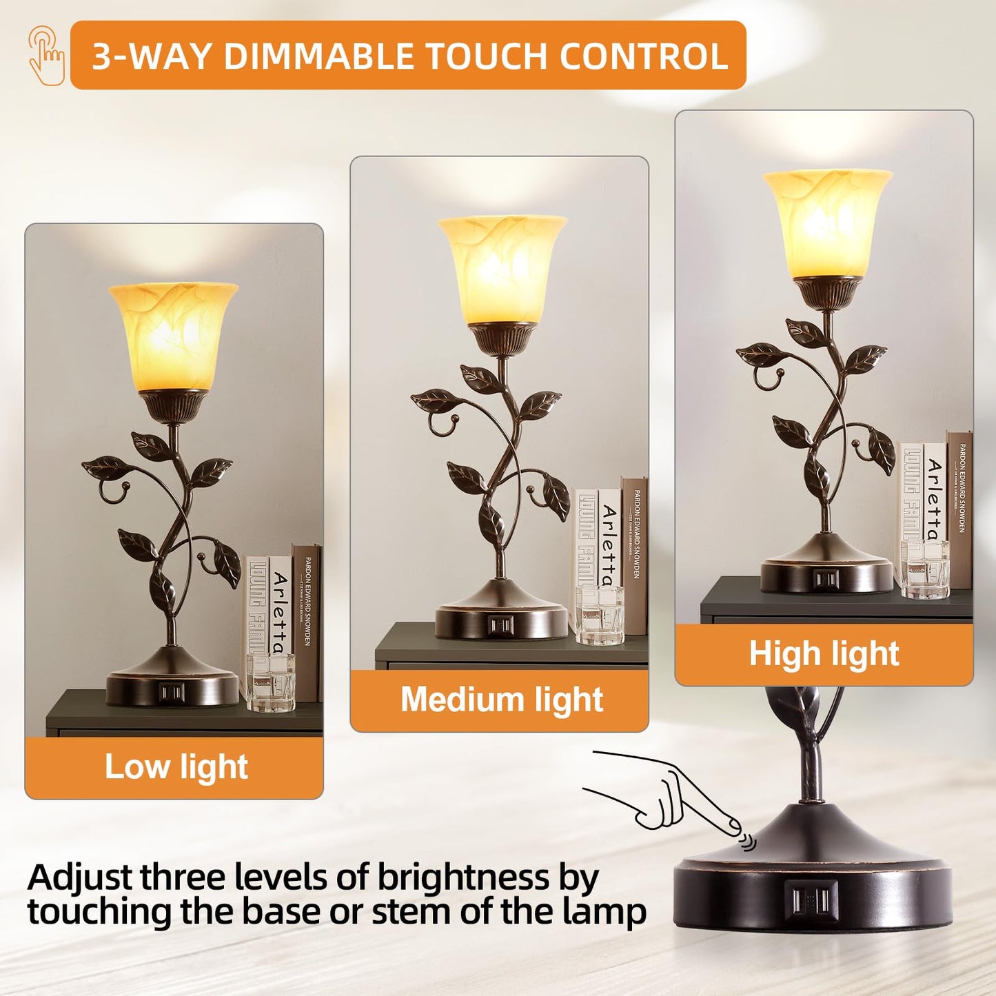 RORIANO Touch Control Table Lamp, 3-Way Dimmable, Amber Glass Shade, Metal Leaf, Bronze Finish, Model TT-8832-MM