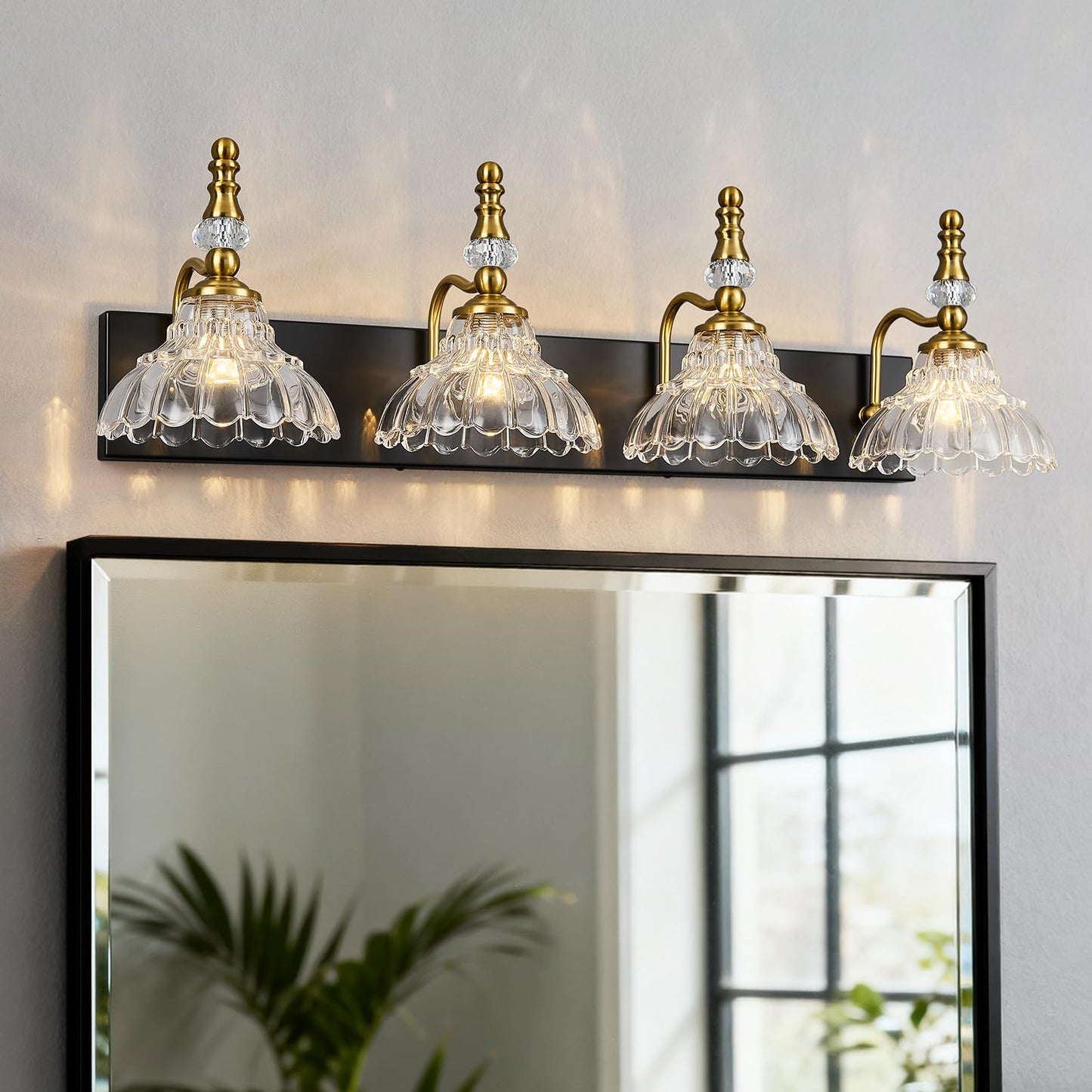 Lbsqj Vintage Bathroom Vanity Light  4-Light Black Gold Vanity Lighting Fixture With Flower Glass Shade  Bathroom Lighting Fixtures Over Mirror