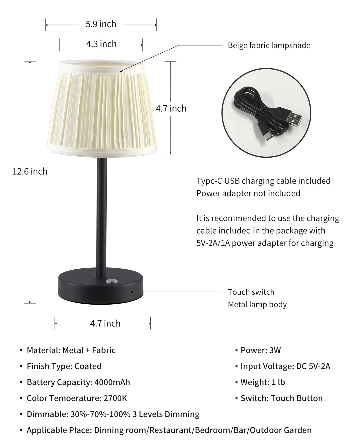 Pusu 2 Pack Cordless Led Black Table Lamps  Rechargeable 4000Mah 3 Way Dimmable Bedside Small Lamp With Fabric Shade  Lighting For Bedroom  Kids Room  Bathroom  Kitchen  Decor  Gift  Night Light