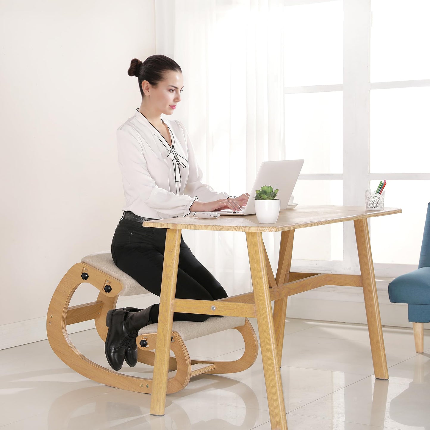 Predawn Adjustable Ergonomic Kneeling Chair – Custom Height Rocking Posture Stool with Thick Cushions, Solid Wood Frame, Knee Support Seat for Adults, Office or Meditation Use(White Oak)