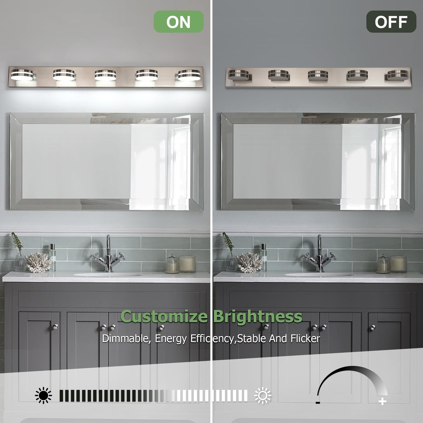 Bicrink Brushed Nickel Bathroom Light Fixtures Over Mirror  5-Light Bathroom Vanity Light  Led Dimmable Bath Lights  Modern Wall Mounted Lighting Fixture With Rotating Lamp Head