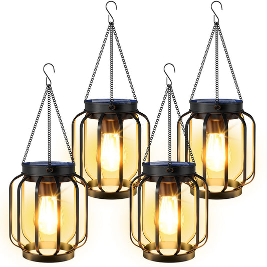 Aounq Solar Lanterns Outdoor Waterproof 4 Pack  14.37 Metal Hanging Solar Lights For Outside With Auto On/Off & Hook - Brighter Hanging Outdoor Lanterns Decorative Lighting For Garden Patio Yard