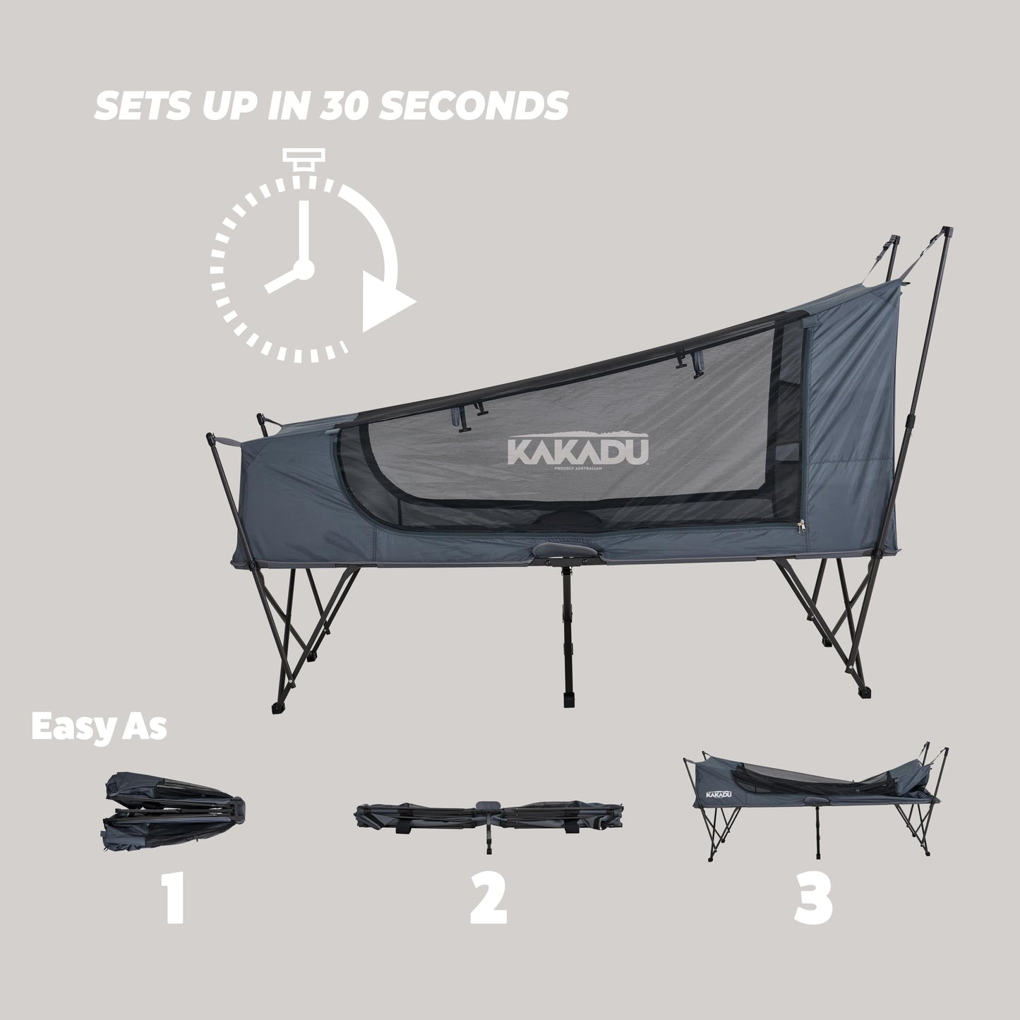 Kakadu Camping Tent Cot, 1 Person, 1 Minute Easy Setup, Folding, Compact, Elevated Tent with BlockOut Rain Fly, Awning Poles, Ultra-Fine Mesh Windows, and Carry Bag