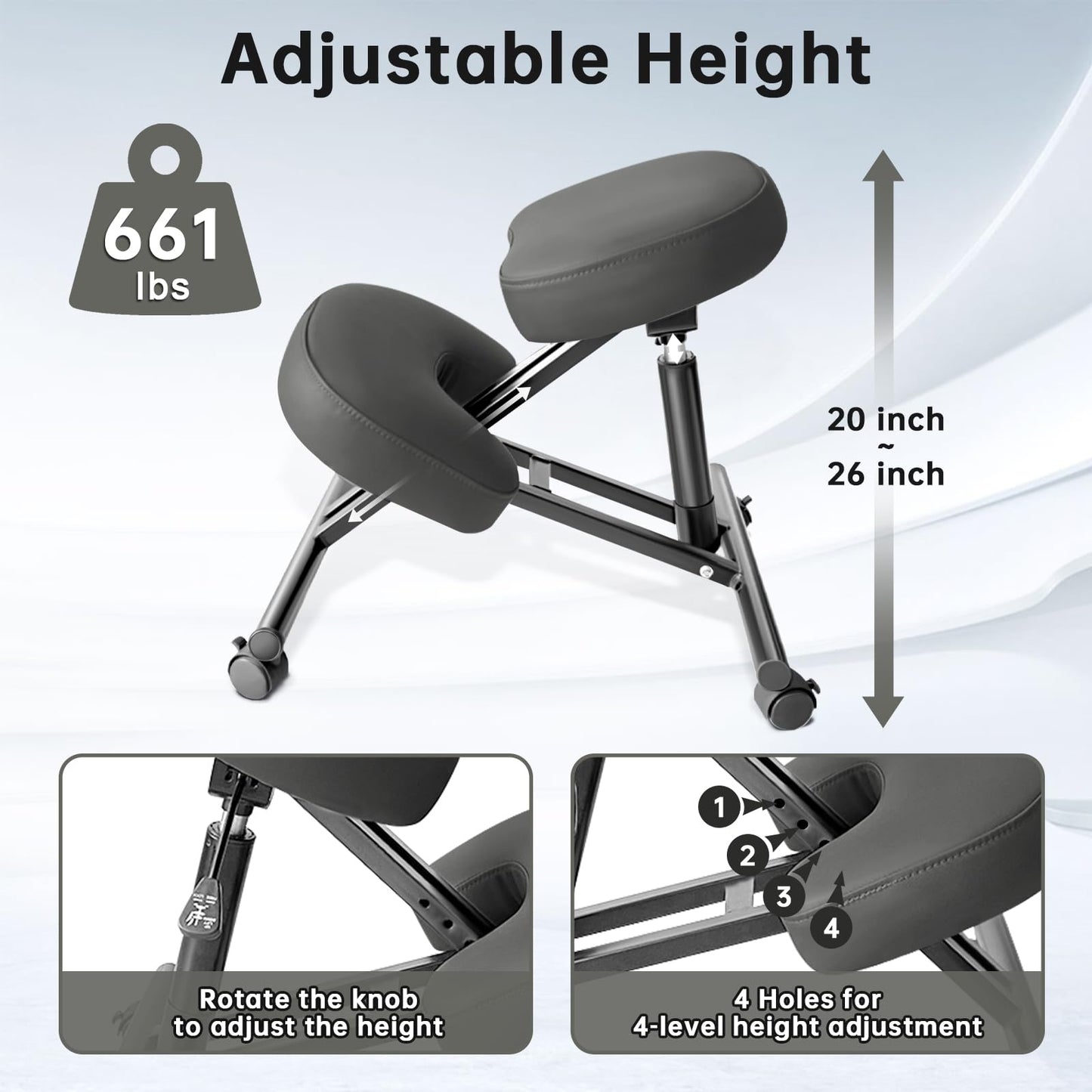 PU Leather Ergonomic Kneeling Chair, Adjustable Home and Office Stool with Thick Pads and Flexible Lockable Brake Wheels for Back Pain Relief（Dark Gray）