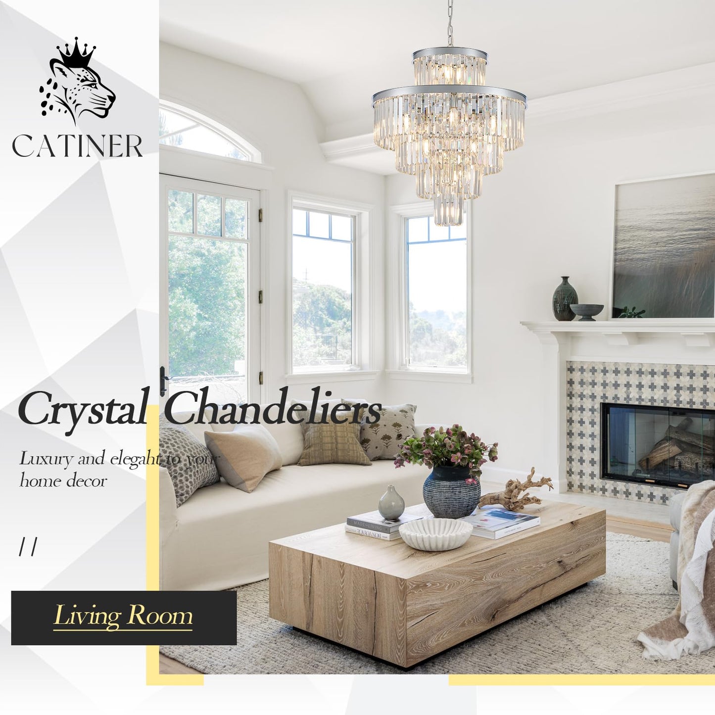 Modern Crystal Chrome Chandelier 15 Lights 24 Round Light Fixture stylish 5-Tier K9 Crystals Chandelier Contemporary Pendant Lighting For Dinning Room Living Room Foyer Kitchen
