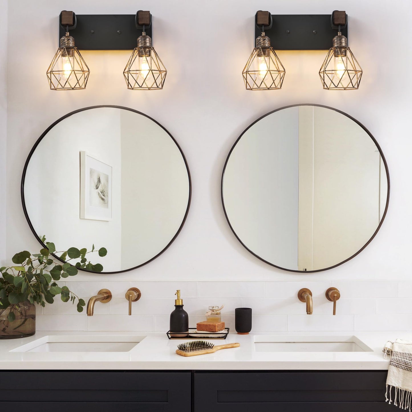 Farmhouse Bathroom Vanity Light Fixtures  2-Light Wood Bathroom Light Fixtures Over Mirror  Rustic Sconces Wall Lighting With Elegant Metal Lampshade For Living Room  Bedroom  Hallway