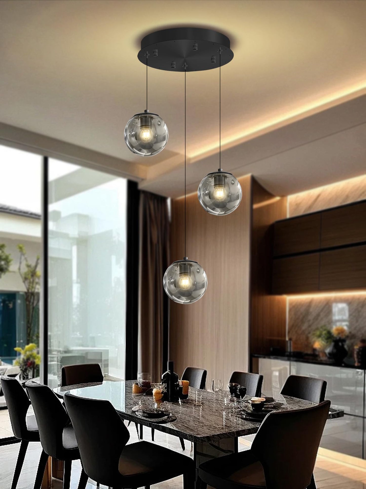 Ykolupty 3-Light Black Pendant Light Fixtures Modern Smoke Gray Glass Globe Pendant Lights Kitchen Island Adjustable Hanging Lights Globe Stairwell Lighting Black Chandelier For Dining Room