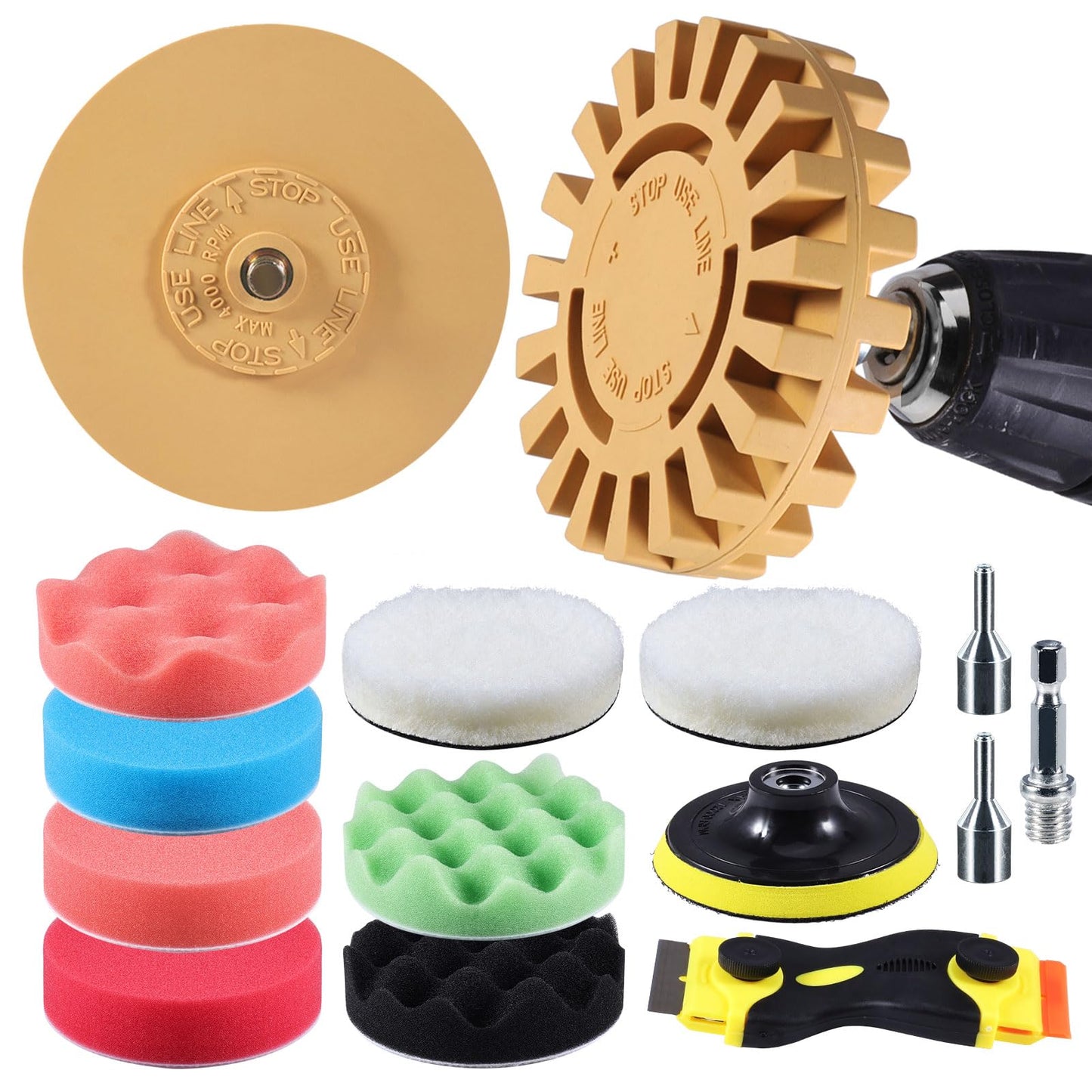 Eraser Wheel, VONDERSO Decal Remover, Adhesive Remover, 13PC Rubber Pin Stripe Removal Tool Kit for Drill for Automotive Car Sticker, Vinyl, Rv, with Polishing Pads, Wool Buffing Pad and Razor Blades