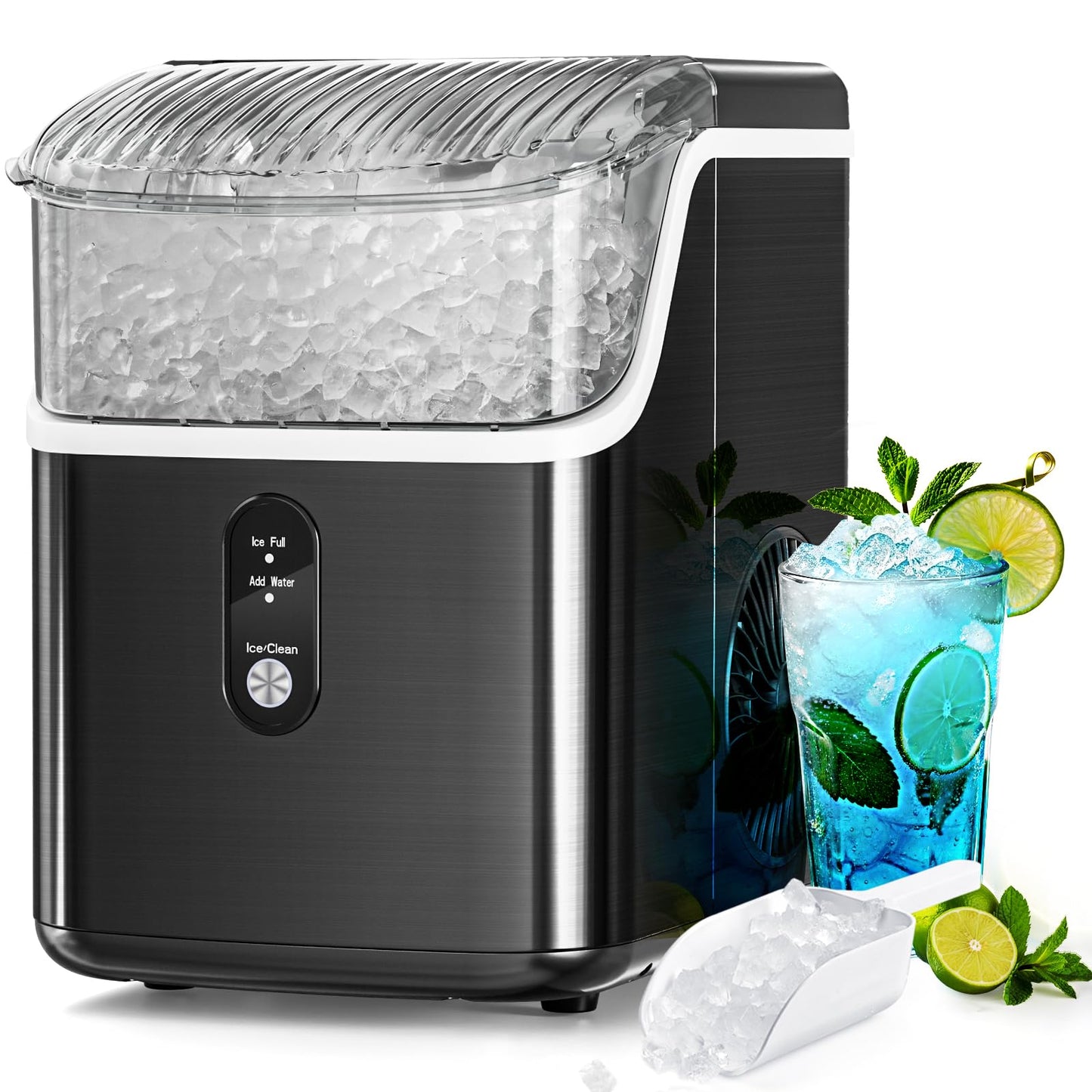 Antarctic Star Nugget Ice Maker Countertop, Chewable Nugget Ice Machine with Automatic Cleaning, Fast Ice Making 34Lbs/24H, One Click Operation for Office/Home/Bar (Stainless Steel Black)